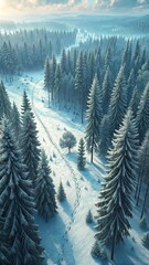 Beautiful aerial view of a snow-covered pine forest revealing winding paths through the trees at sunrise