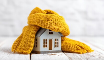 Miniature house wrapped in a warm yellow scarf, suggesting winter warmth and home comfort