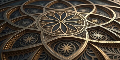 Obraz premium Intricate metallic fractal design showcasing geometric patterns and rich textures in shimmering gold and silver hues