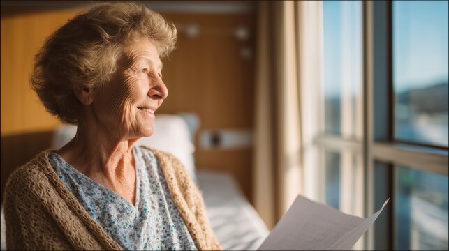 Happy senior woman reading in a well-lit hospital room during the day