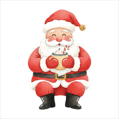 Watercolor Santa Claus holding hot chocolate mug, cute Christmas vector illustration on white background
