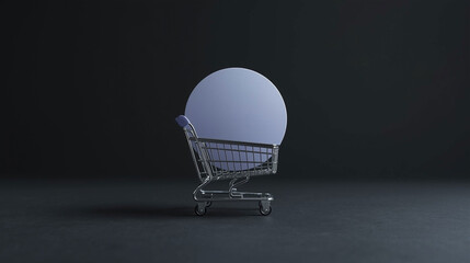 Miniature Shopping Cart Carrying a Large White Circle: E-commerce and Retail Concept
