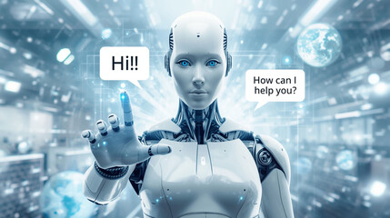 AI Robot Chatbot with Speech Bubbles: Digital Customer Service and Technology Banner