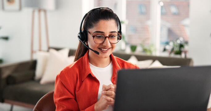 Headset, laptop and video call with woman in home office for virtual assistant, schedule webinar and contact. Agenda, online meeting and conference appointment with person in house for chat and crm - Powered by Adobe