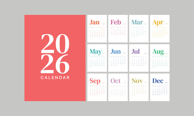 Monthly calendar 2026 week start Sunday corporate design template vector, wall desk calendar in a minimalist style