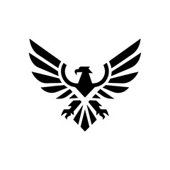 Stylized black eagle with outstretched wings and claws on transparent background