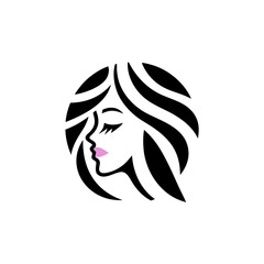 Stylized woman profile with flowing hair in a circle on transparent background