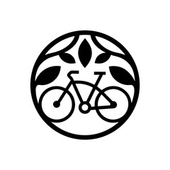 Silhouette of a bicycle inside a circle with leaves on transparent background