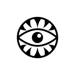 Stylized eye surrounded by petal like shapes in circle on transparent background