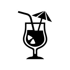 Black silhouette of a cocktail with straw and umbrella on transparent background