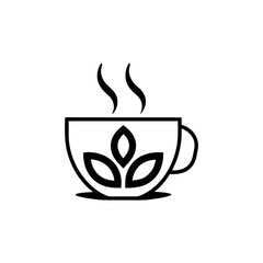 A cup of tea with leaves design and steam illustration on transparent background