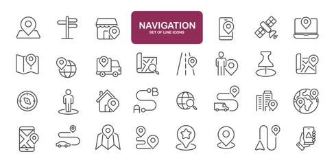 Set of line icons related to location, map, navigation. Outline icons collection