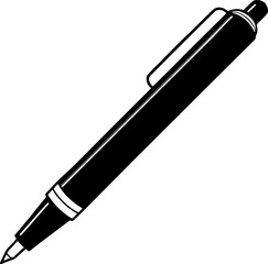 A black and white image features a ballpoint pen. The pen is positioned diagonally from the upper right to the lower left of the frame. The body of the pen is cylindrical, with a cap on the top and a 