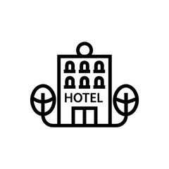 Icon of a hotel building with trees on either side on transparent background