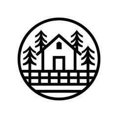Illustration of a house with trees inside of a circle on transparent background