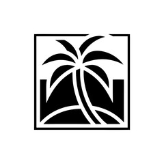 Illustration of a palm tree inside of a square border on transparent background
