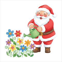 Watercolor Santa Claus Gardening Vector Illustration, Green Christmas Character
