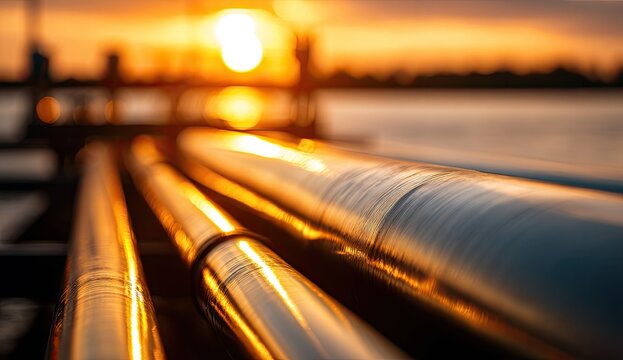 Sunrise over oil pipelines.  Close-up of multiple,  shiny, metallic pipelines, reflecting golden sunset light