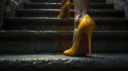 Stylish Yellow High Heels Walking Down Vintage Stone Steps: Close-up Fashion Shot