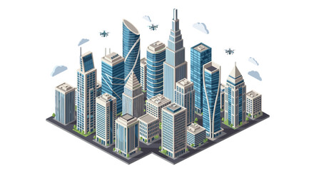 Fototapeta premium Modern cityscape with sleek skyscrapers and drones flying overhead, symbolizing innovation and future urban development