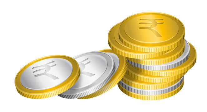 Stack of gold and silver coins with rupee symbol. Money and Indian currency illustration.