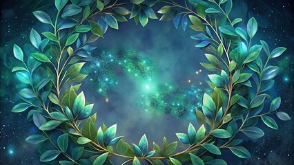 Elegant circle frame adorned with minimal eucalyptus leaves against a dreamy starry backdrop