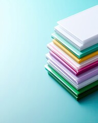 A neat stack of thin, colorful plastic sheets, including white, mint green, yellow, pink, purple, and dark green, is arranged diagonally on a soft blue surface.