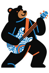 Vector illustration of bear playing electric guitar in dynamic pose. Stylized design with bold colors and energetic movement.