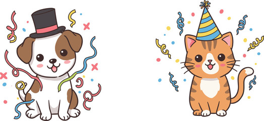 Cute animal party icons, puppy and cat celebration illustration set, festive confetti visuals, cheerful event design, cartoon holiday graphics