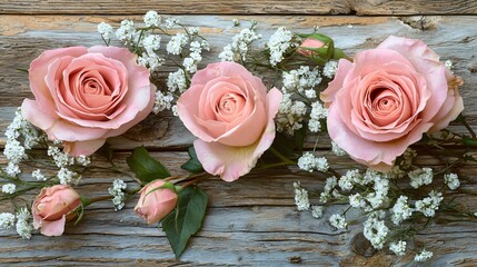 Pastel pink roses and leaves. on wooden background. Floral banner texture. Delicate decor for Wedding, Valentine's Day, Mother's Day, greeting card with copy space.