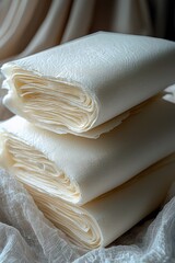 A close-up shot shows three rolls of creamy white fabric stacked on top of each other, with a textured surface and visible layers.