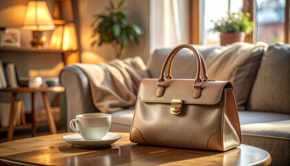 A beige handbag sits on a wooden table beside a cup of coffee in a cozy living room setting.