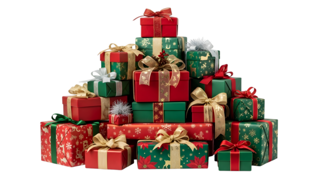 Large pile of festive christmas gift boxes stacked in a pyramid isolated on transparent background