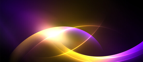 Abstract light curves radiate, blending purple, yellow, white. Bright glow emanates from central point, creating dynamic visual effect.