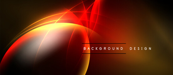 Abstract background features vibrant red, orange curves. Dark space surrounds glowing lines, creating dynamic visual effect. Design includes text elements.
