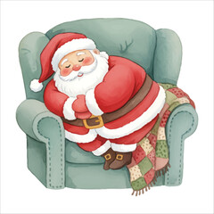 Watercolor Santa Claus Sleeping in Chair Vector Illustration, Cozy Christmas Character
