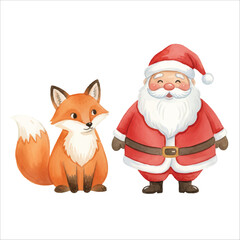 Watercolor Santa Claus with Fox Vector Illustration, Forest Christmas Character
