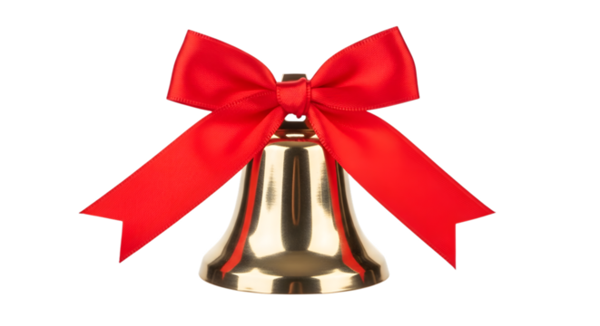 Shiny golden christmas bell with red bow isolated on transparent background