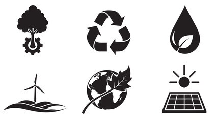 eco and sustainability silhouettes collection minimal black environmental vector icon set