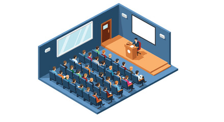 Obraz premium Engaged audience listens intently to speaker presenting vital information on a modern stage in a conference room setting