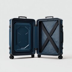 Open navy blue hard-shell suitcase, showcasing interior