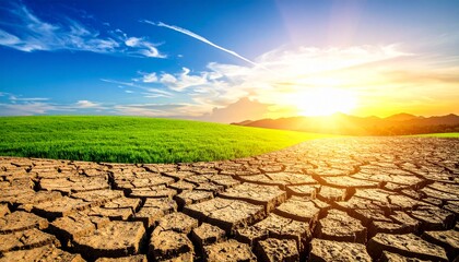 Split landscape showing barren cracked earth and lush green field under scenic sky, symbolizing climate contrast