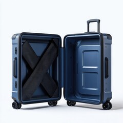 Open, dark-blue hard-shell suitcase, showing interior compartments and straps