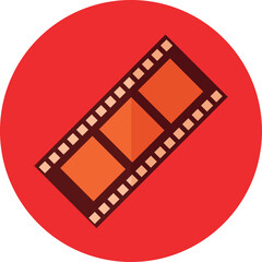 Brown Filmstrip with Three Orange Frames and Teeth on Red Circular Background with Shadow