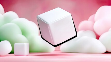 A white cube floats in the center, surrounded by soft, rounded shapes in pastel green, pink, and white, on a pink surface.