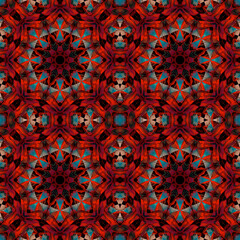 A seamless geometric floral pattern in vibrant red tones. The circular mandala-inspired design with symmetrical details creates a bold and artistic texture, perfect for printing on fabric and paper.