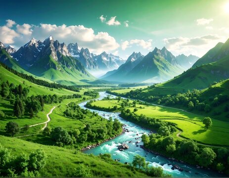 A vibrant vista showcases a flowing river through a lush green valley, nestled among majestic snow-capped mountains. Bright sunlight illuminates the scene