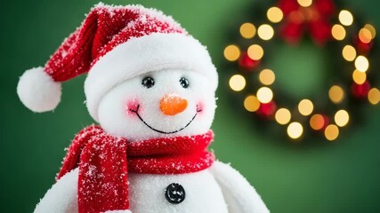 Cute snowman with red scarf and hat, christmas wreath in background - Powered by Adobe