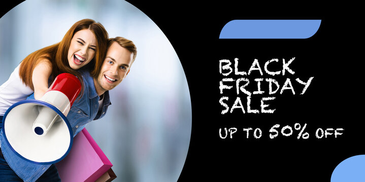 Black Friday Sale discounts concept - expressive happy couple hold megaphone mega phone, shop bags. Man, woman advertise in loudspeaker bullhorn. Mockup template design banner. Up to 50% off sign text