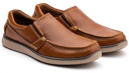 Pair of tan leather slip-on shoes,  showing detailed stitching and a cushioned sole